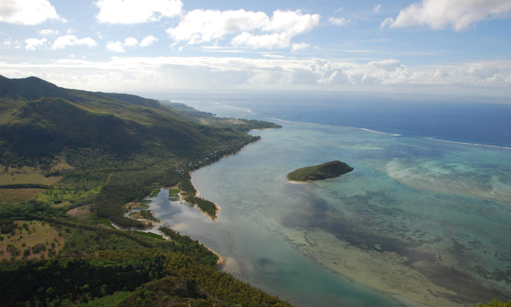 View of Le Morne Brabant peninsula from the top of Le Morne Brabant, a UNESCO World Heritage Site in Mauritius Credit: ©dcarsprungli